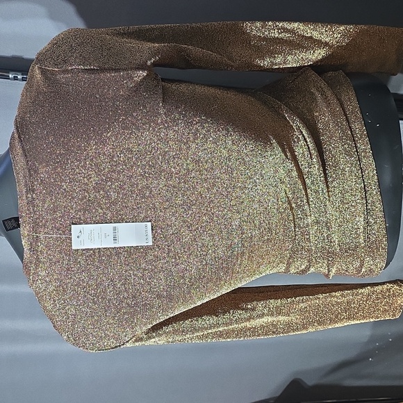 NWT WHBM Shiny Gold V-neck Knit Ls S - Picture 2 of 3